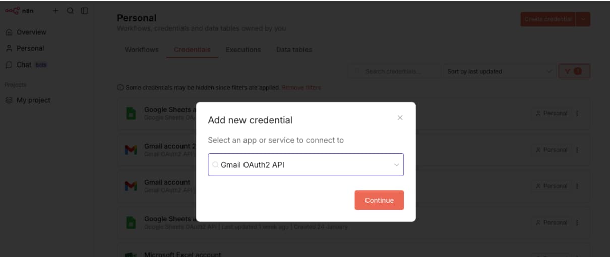 n8n credentials screen showing Gmail OAuth2 API connection setup dialog