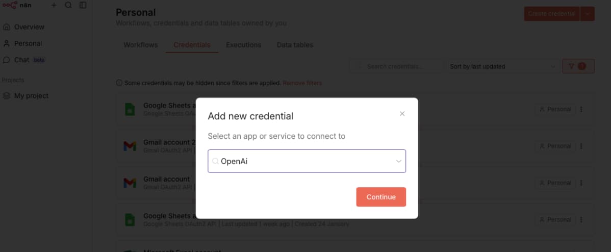 n8n OpenAI credential setup and OpenAI platform API keys page side by side
