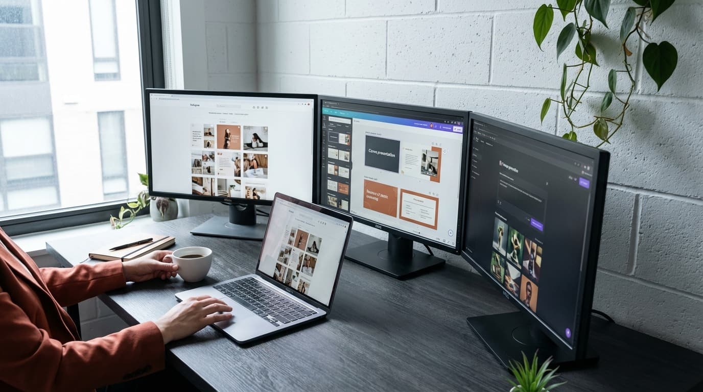 AI Content Agency Founder Working Woman starting an AI content agency working across multiple screens